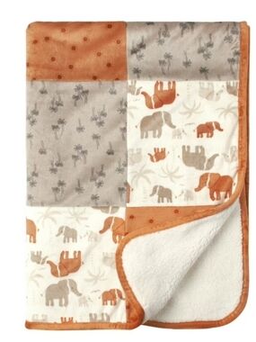 SAFARI ELEPHANT BABY BLANKET PLUSH SHERPA NURSERY CRIB STROLLER RUST CREAM GRAY